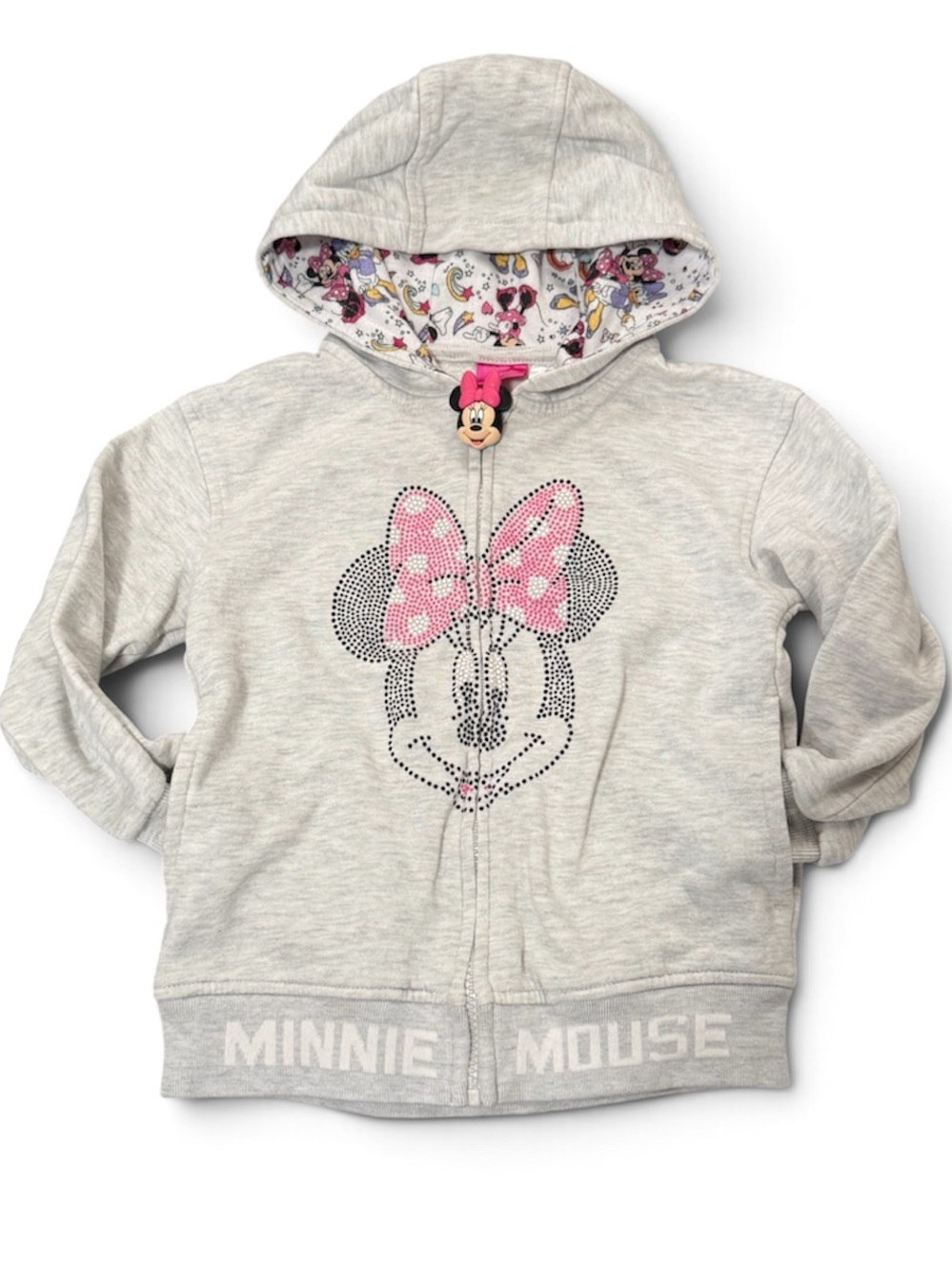Disney Junior Minnie Mouse Gray Rhinestone Zip Hoodie Girls Size 5